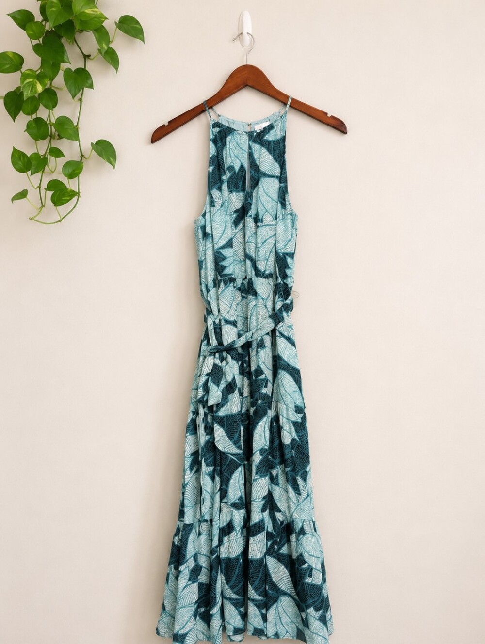 Parker Lenora Silk Midi Dress Teal Green Leaf Print High Keyhole Neck XS
